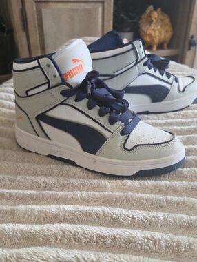 Puma Kids High-Top Sneakers in White, Navy & Orange Accent